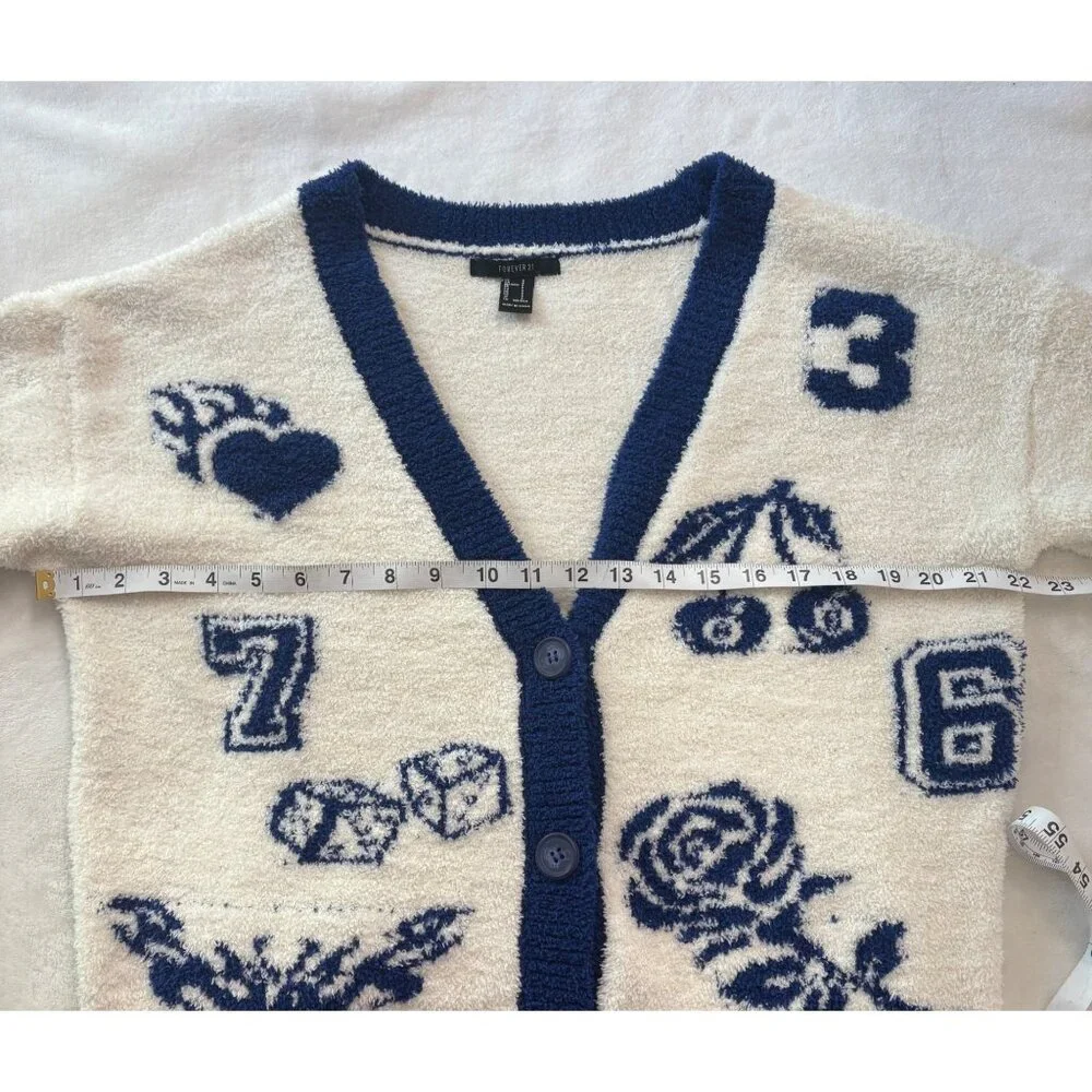 Novelty Boucle Knit Cardigan Cream/Navy Preppy Academia Sweater Forever 21 Sz S